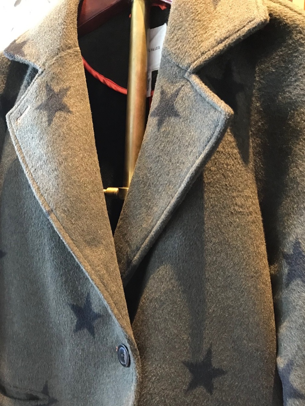 AVEC LES FILLES ESTRELLAS LONG STAR PRINT DOUBLE FACE TRENCH WOOL GREEN COAT - Picture 7 of 16